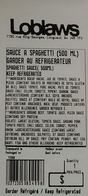 Loblaws (store-made) brand Spaghetti Sauce recalled due to pieces of glass