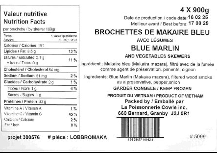 Updated recall:  Blue Marlin and Vegetables Skewers packed by La Poissonnerie Cowie Inc. recalled
