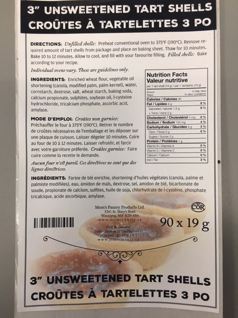 Food Recall Warning - Mom’s Pantry / Jim & Leonie brand 3” Unsweetened Tart Shells and 9” Unbaked Pie Lids recalled due to E. coli O121