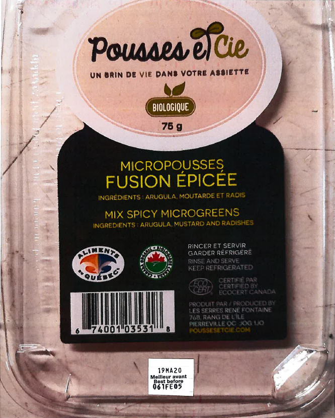 Food Recall Warning - Pousses et Cie brand Mix Spicy Microgreens recalled due to Listeria monocytogenes